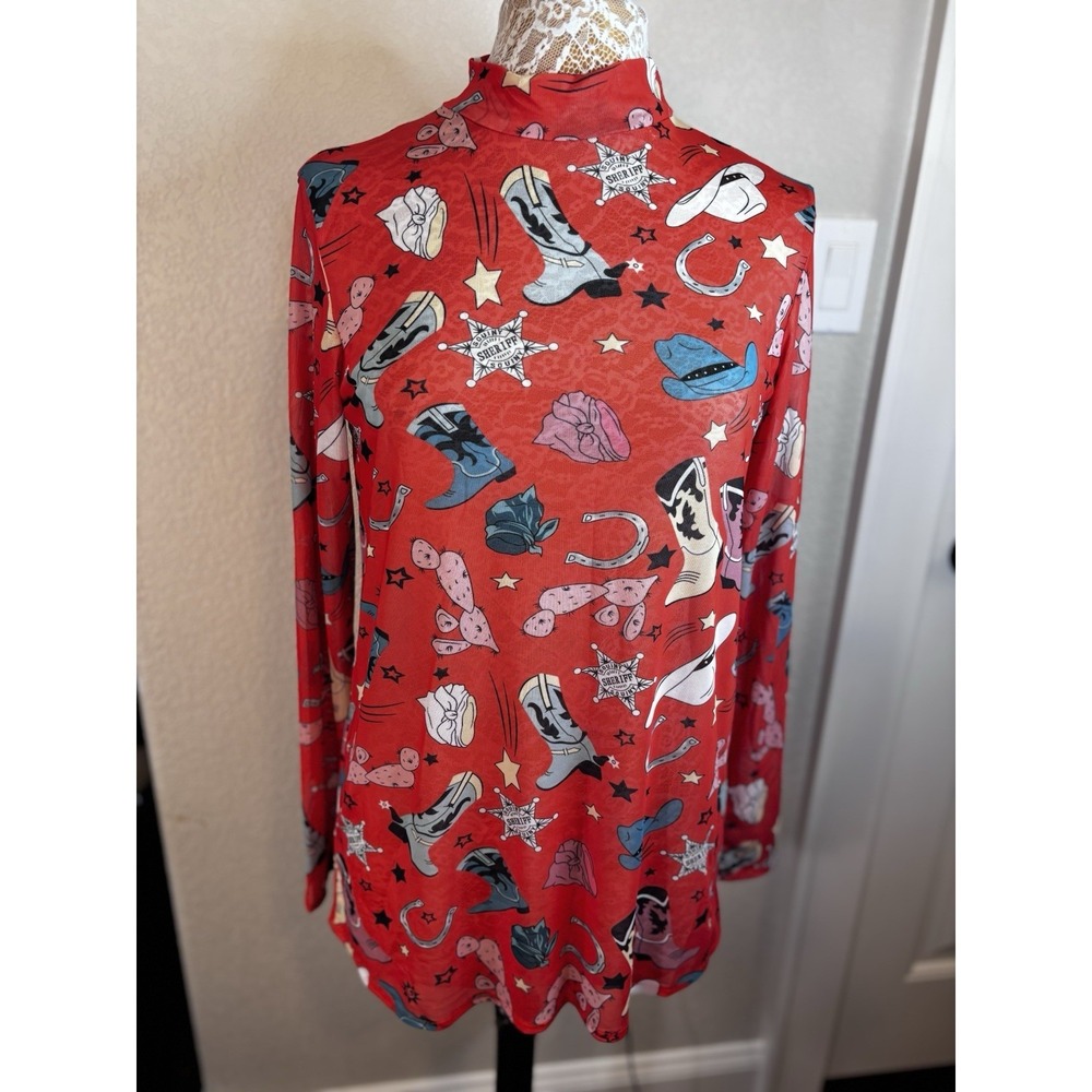 Southern Stitch‎ Brick Red Mesh Mock Neck Top Western Print M Cowboy Rodeo Boots
